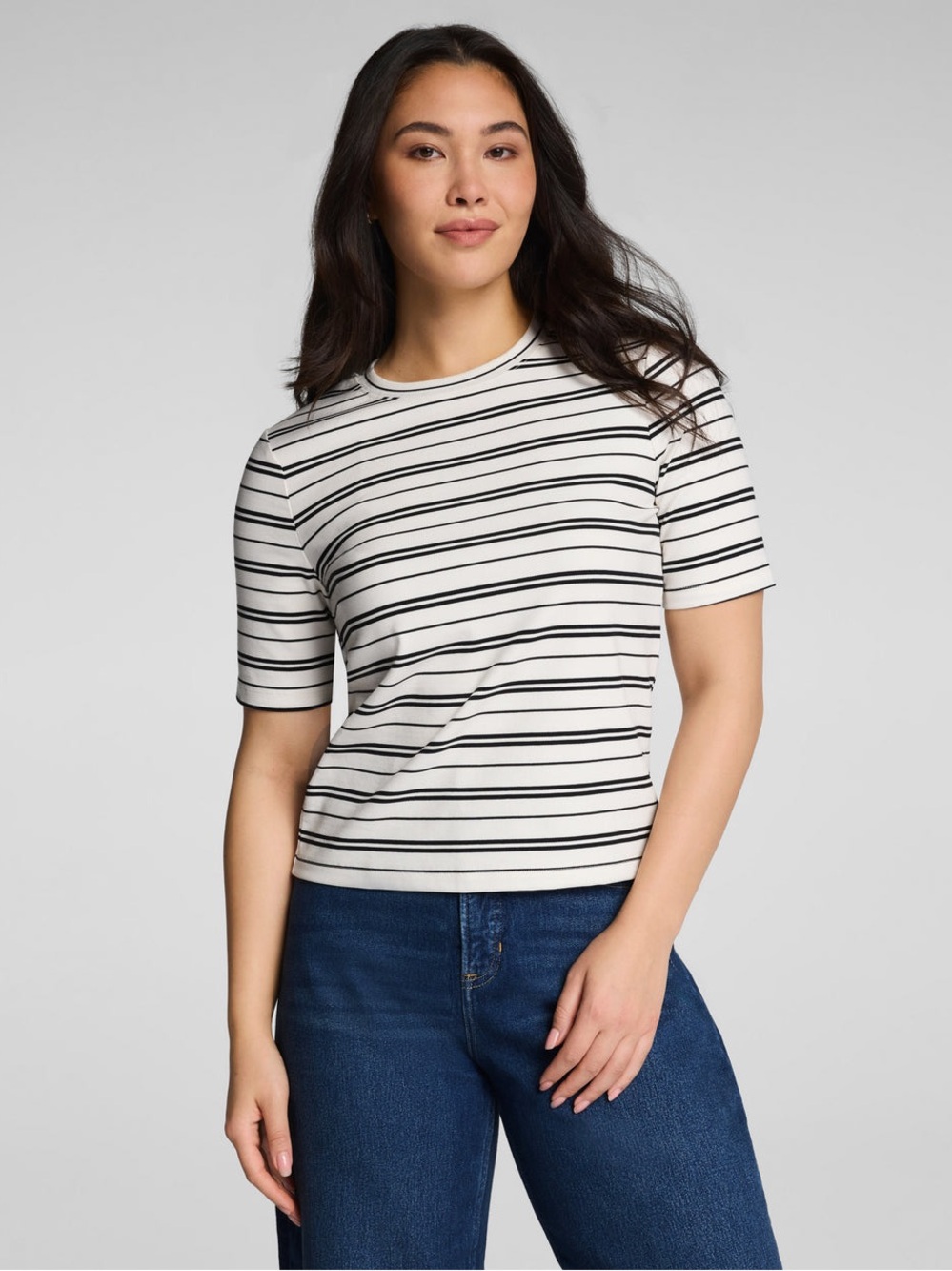 Spanx Classic Black Striped Ribbed Knit Crewneck Slim Tee Size Medium